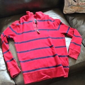 Kids Polo Ralph Lauren Red Navy Stripe Long Sleeved Polo 1/4 Zip M (10-12)